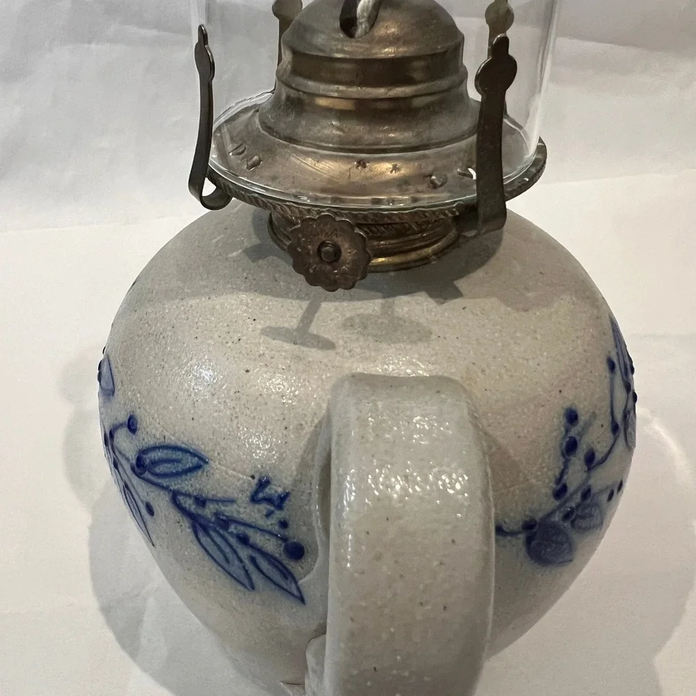 Salmon Falls Stoneware Kerosene Oil Lamp & Chimney Blueberry Vine Signed 1999